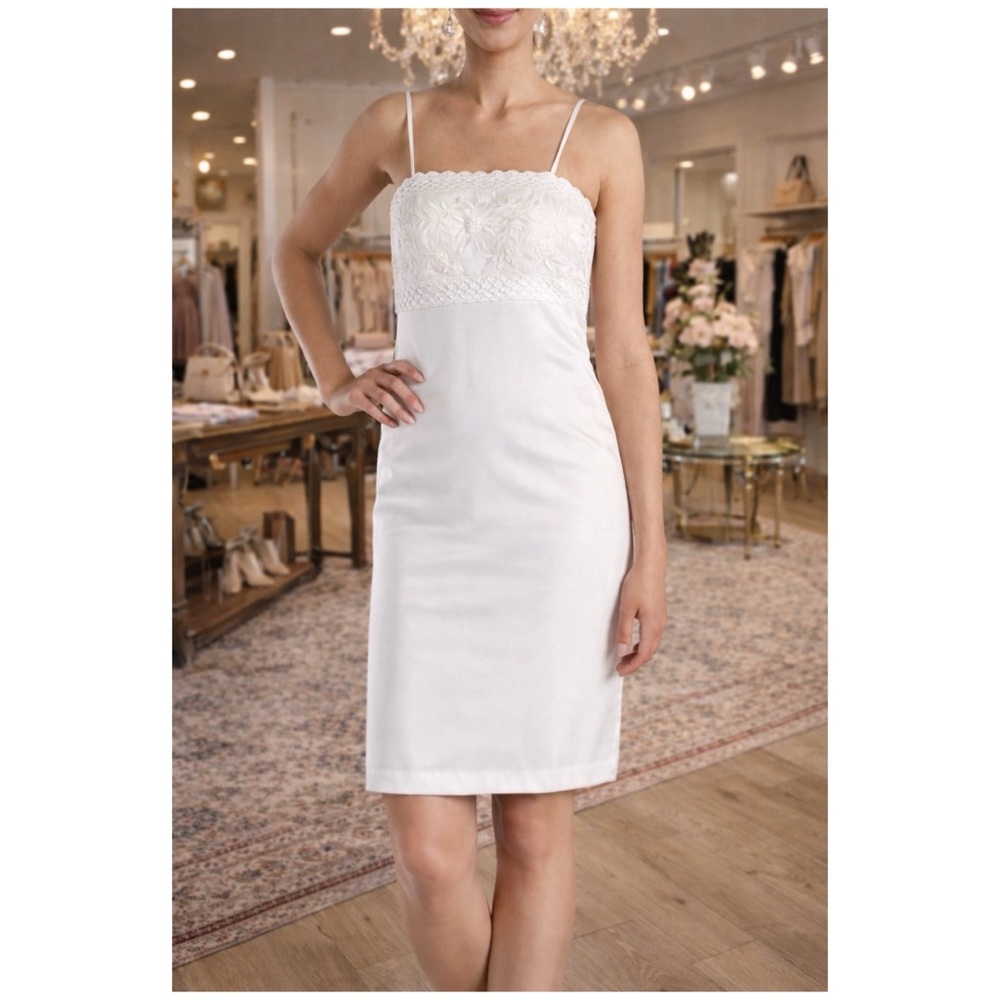 SUE WONG Ivory Satin Embroidered Cocktail Dress Spaghetti Straps